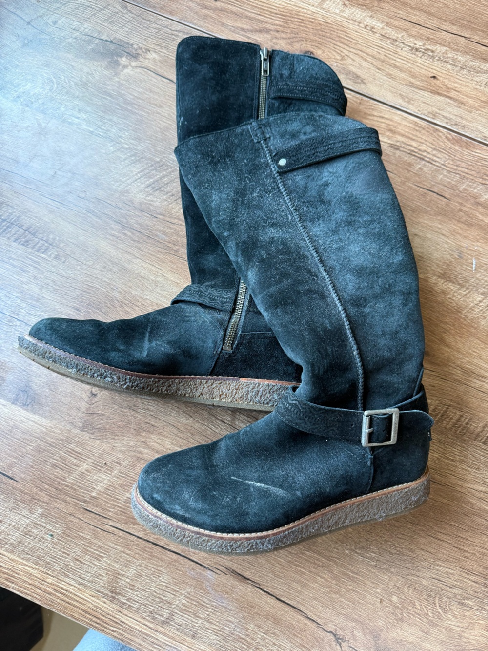 UGG Black Suede Knee-High Buckle Boots